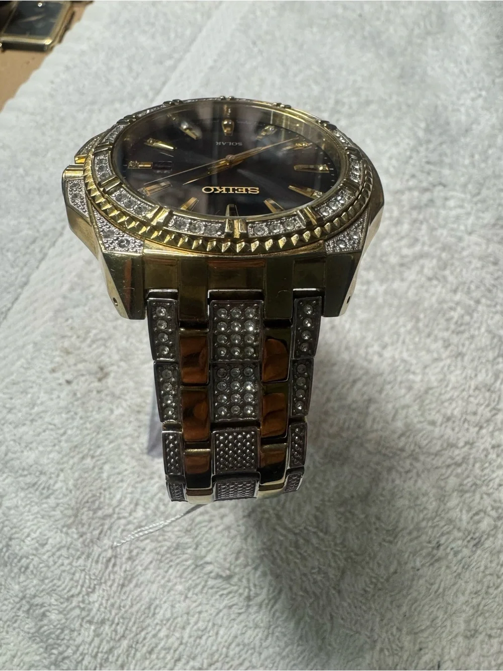 Seiko Gold-Tone Watch with Black Dial and Crystal Accents